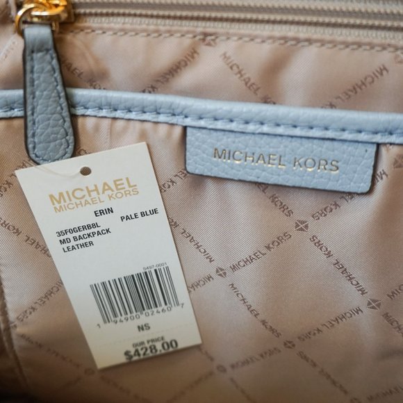 Michael Kors Erin Medium Backpack Pebbled Leather Pale Blue Gold Toned Studded - Picture 7 of 11